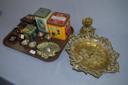 Embossed Brass Stand, Vintage Tins, Salts, etc.