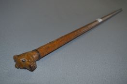 Oak Walking Cane with Carved Dog Head Handle