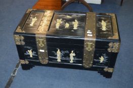 Brass Bound Black Lacquered Blanket Chest with Mot