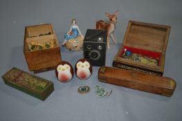 Tray Lot of Collectables; Dominoes, Camera, Inlaid
