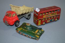Tin Plate Double Decker Bus, Tank and Plastic Tipp