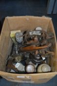 Box Containing Vintage Skates, Primus Lamp, Stonew