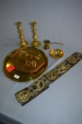 Brassware Candlesticks, Horse Brasses, Tray, Measu