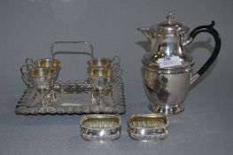 Silver Plated Egg Stand, Pair of Salts and a Coffe