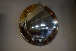 Art Deco Circular Peach Glass Bevelled Wall Mirror