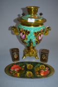 Painted Brass Samovar with Tray and Tins