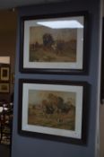 Pair of Oak Framed Coloured Prints - Coaching Scen