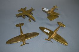 Four Brass Model Aeroplanes - Spitfire, Hurricane