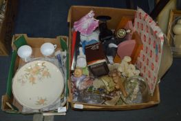 Two Boxes of Dinnerware, Ornaments, Clock, Glasswa