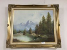 Gilt Framed Oil on Canvas - Mountain Lake Scene by