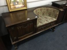 Oak Telephone Seat Cabinet with Linen Fold Panels