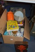 Box Containing Pyrex Dish, Mugs, Ornaments, Books,
