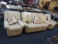 Light Brown Three Piece Suite; Three Seat Sofa and