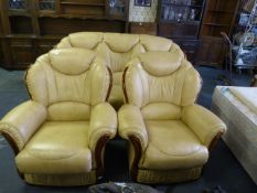Light Brown Leather Three Piece Suite with Wooden