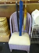 Purple Painted Wicker Chair with Two Umbrellas and