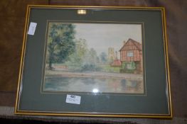 Framed Watercolour - Alddury Village Church & Pond
