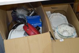 Two Boxes of Kitchen Ware; Scales, Slow Cooker, Mi