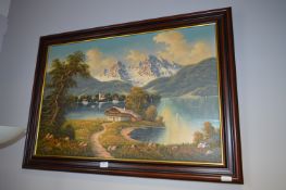Large Framed Painting on Canvas - Continental Lake