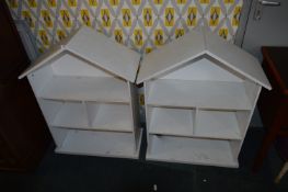 Two White Shelf Units with Peaked Tops