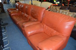 Brown Leather Three Piece Suite; Three Seat Sofa a