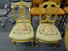 Pair of Decorative Gold Painted and Tapestry Seated Bedroom Chairs