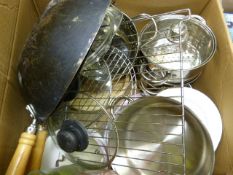 Box Containing Various Metal Pans, Woks, Glasses,