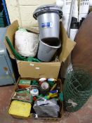 Two Boxes of Plastic Buckets, Roll of Wire, Lawn F