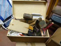 Box Containing Paintbrushes, Hatchets, Wall Plugs,