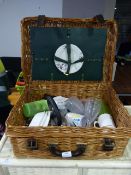 Wicker Picnic Hamper and Contents; Various Cups, K