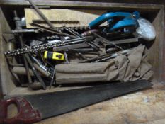 Pine Toolbox Containing Saws, Drill Bits and Other