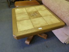 Oak Framed Tiled Top Occasional Table on Pedestal