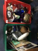 Two Plastic Boxes of Ornaments, Glassware, Vases,
