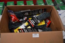 Box Containing Car Dusters, Drill Dust Collectors, Rulers, etc.