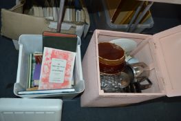 Wicker Linen Box, Storage Stool with Contents of Books, Ovenware, Knife Sets, etc.