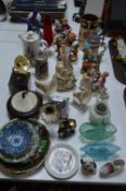 Table lot of Pottery Ornaments, Crested Ware, Bras