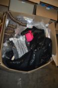 Box Containing Assorted Black Lace Trim, Lace Panels, Sequin Cloth, Self Seal Bags, etc.