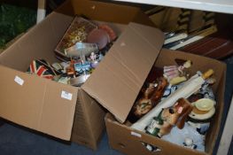 Two Boxes of Ornamental Decanters, Ornaments, Jewe