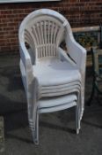 Set of Six White Plastic Garden Chairs