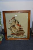 Oak Framed Woolwork Tapestry - Galleon