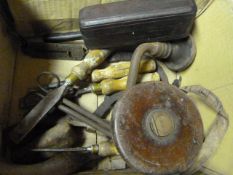 Box of Vintage Tools Including Wetstone, Tape, Chi