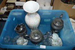 Box Containing Britannia Plate Set, Decanters, Vase etc