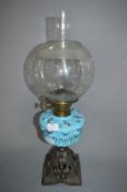 Blue Glass Metal Based Victorian Oil Lamp
