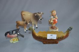 Beswick Bird, Cow and Calf, Hummel Figure and a Wa