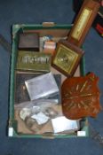 Box Containing Bullet Shell Mounted Plaque, Barometer, Cash Tins, etc.