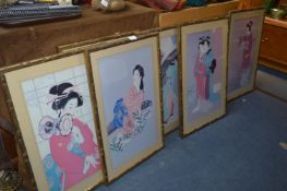 Seven Japanese Coloured Prints - Geisha Girls