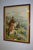 Framed Victorian Coloured Print - Huntsman with Dogs