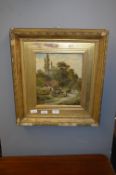 Gilt Framed Oil Painting on Canvas - Country Cottage Scene by A. Gyncell 1886