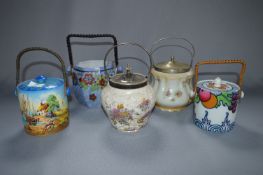 Five Decorative Pottery Biscuit Barrels