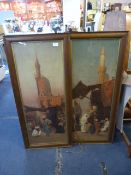 Pair of Oak Framed Coloured Prints - Arabian Market Scenes