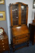 Oak Bureau Bookcase with Lead Glazed Doors